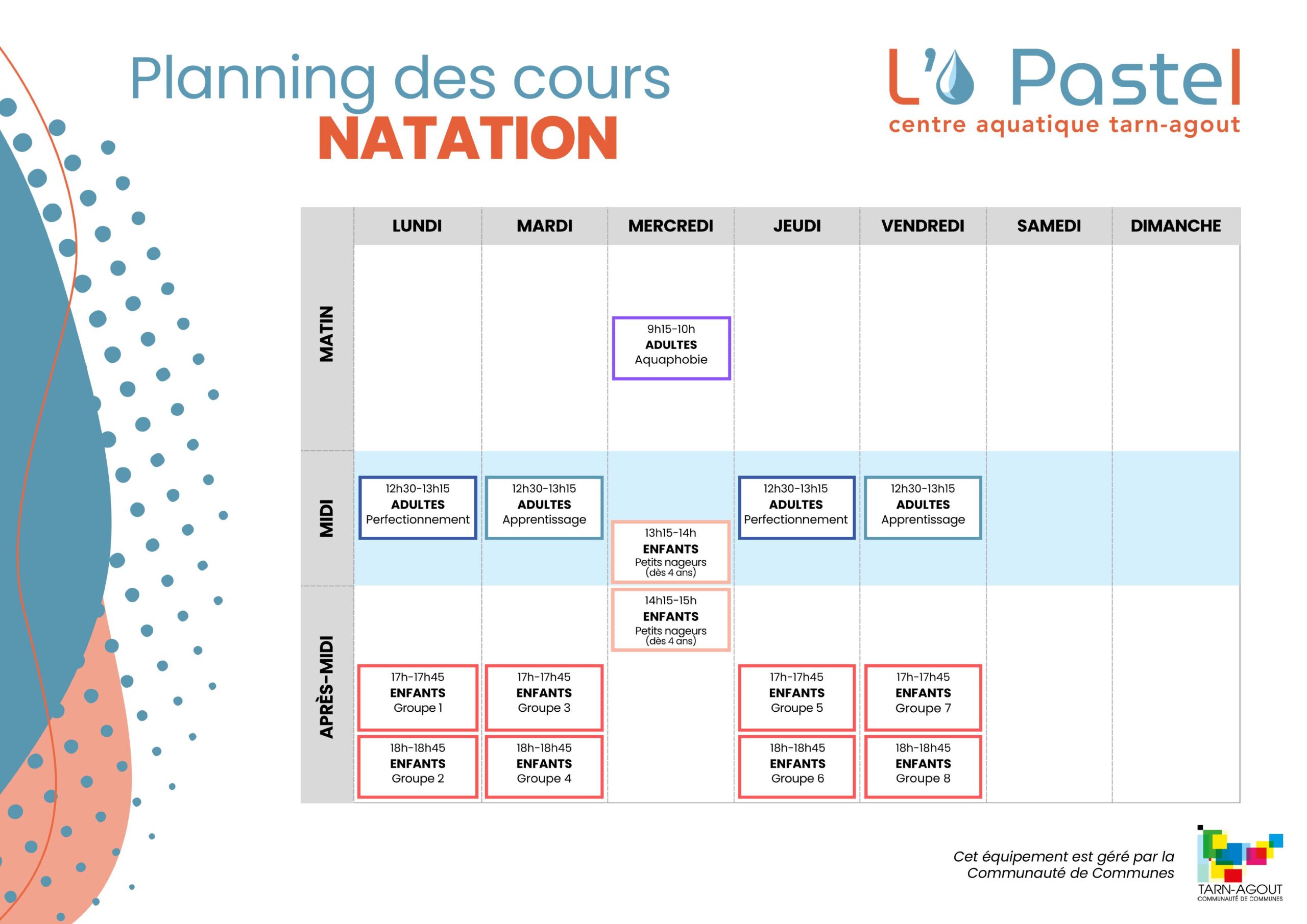 Le planning des cours de natation du centre aquatique intercommunal