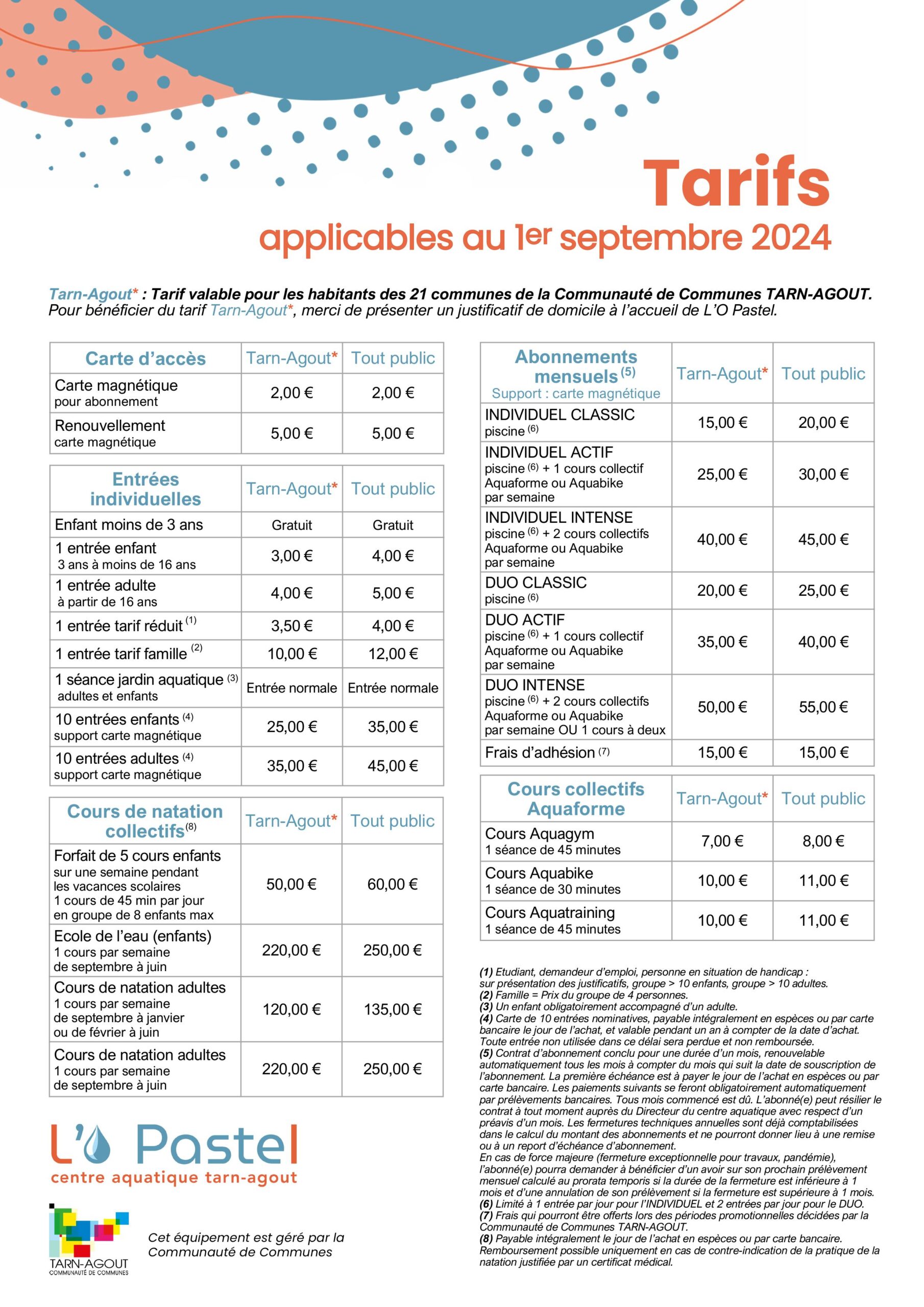 Les tarifs du centre aquatique intercommunal