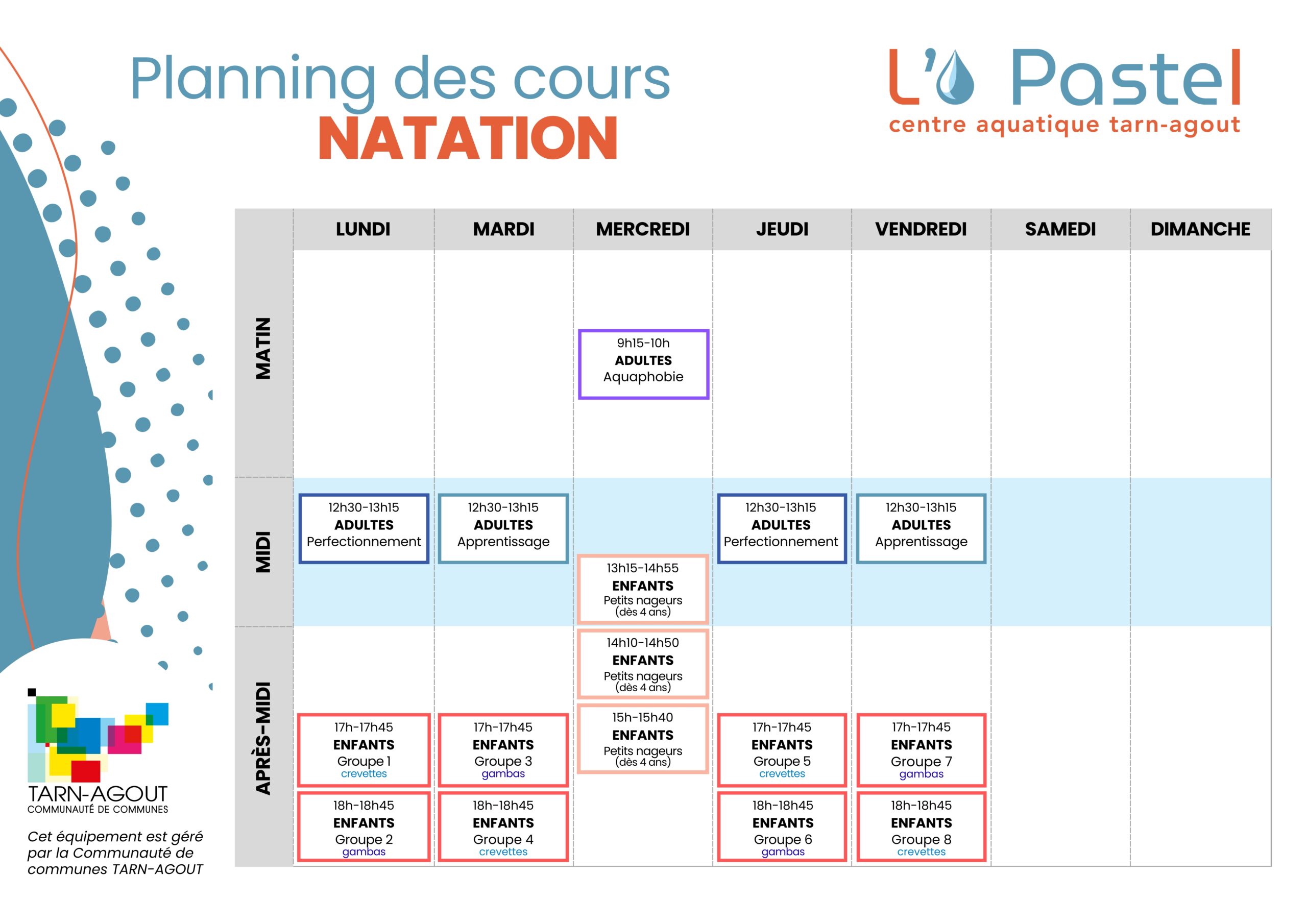 L'O Pastel - Planning des cours de natation 2025-2026