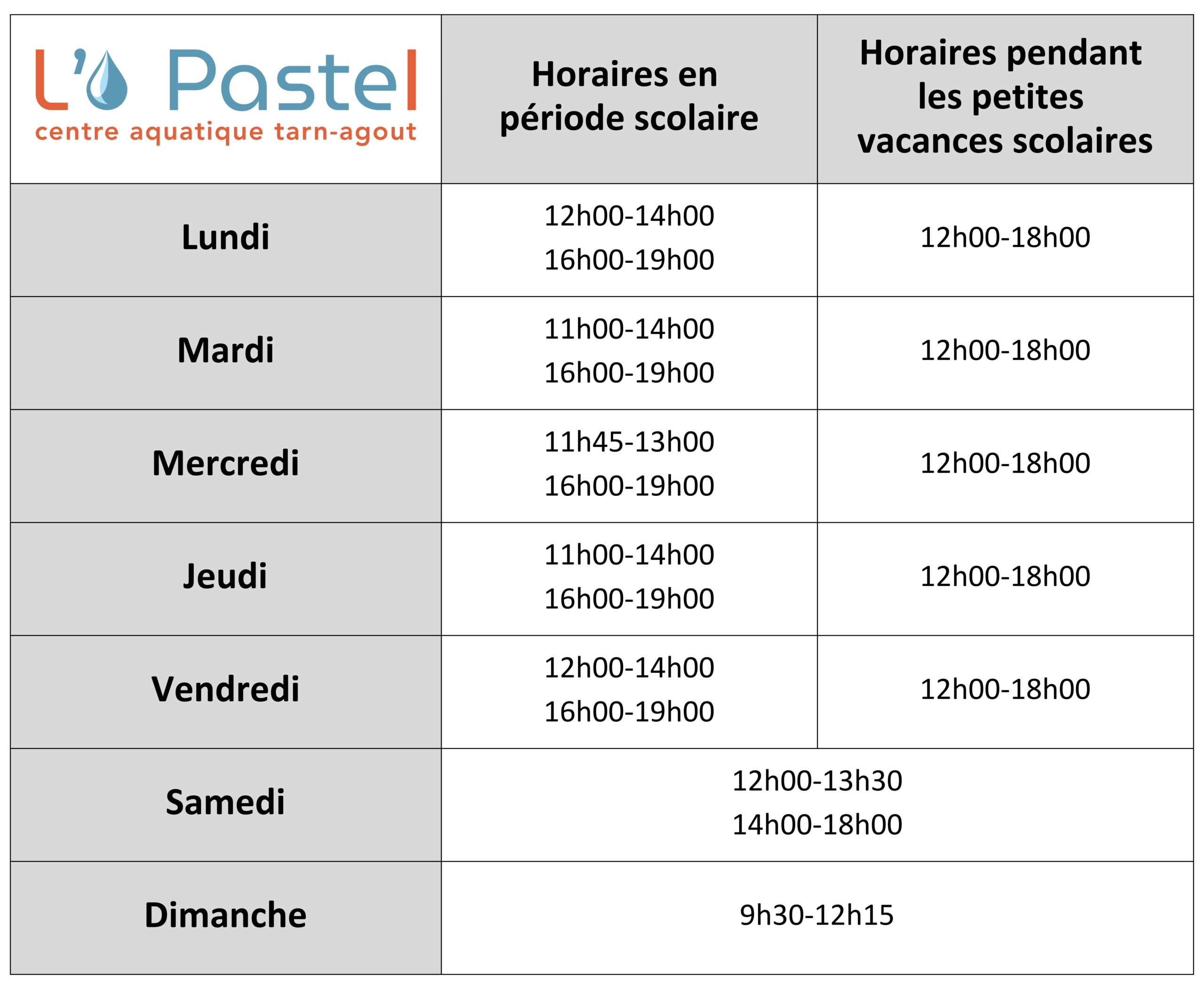 L'O PASTEL - Horaires 2025/2026