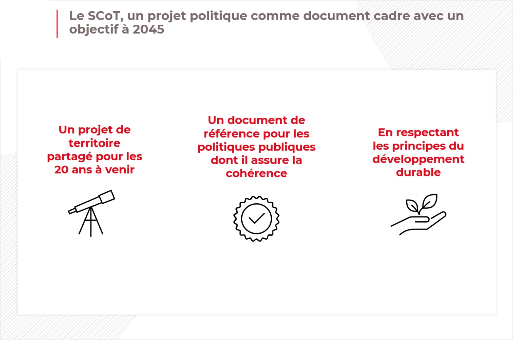 Le SCoT est un projet politique comme un document cadre avec un objectif à horizon de 20 ans. 