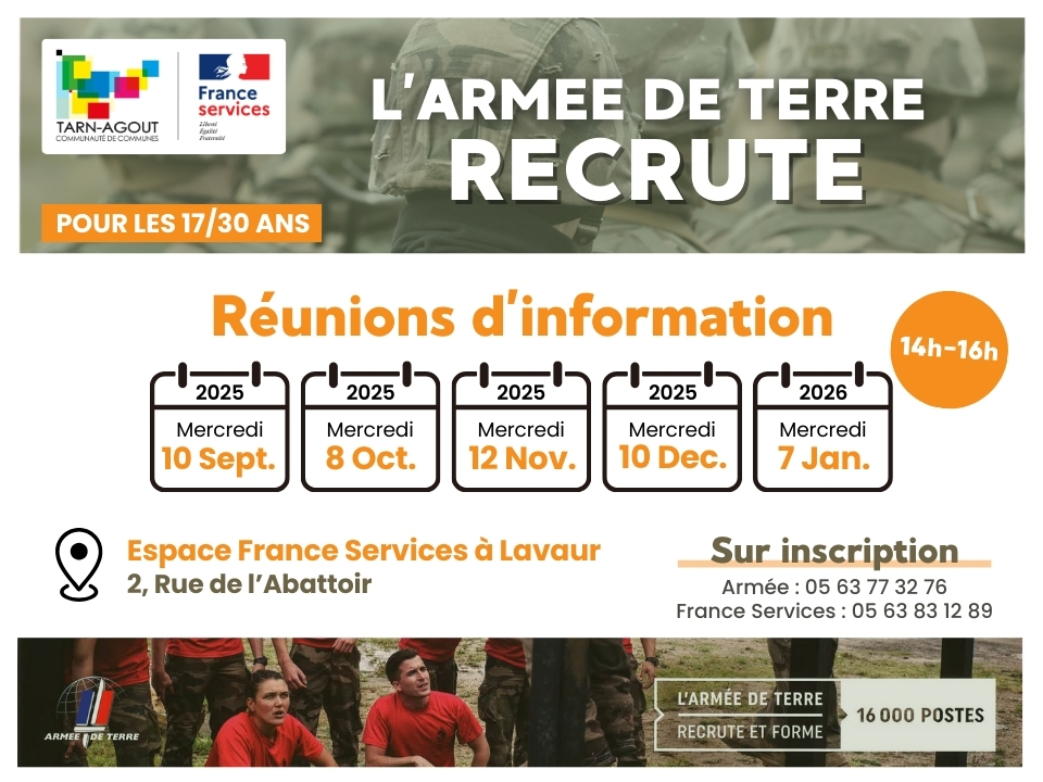 Le CIRFA du Tarn organise plusieurs réunions d'information sur les métiers de l'Armée à l'espace intercommunal France Services à Lavaur (2, rue de l'Abattoir).