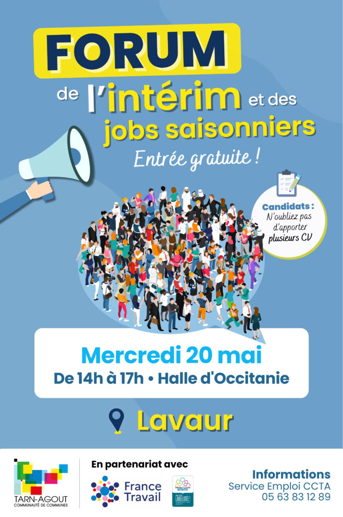 Le forum de l'intérim et des jobs saisonniers Tarn-Agout 2026 aura lieu le mercredi 20 mai à Lavaur (Halle d'Occitanie). 