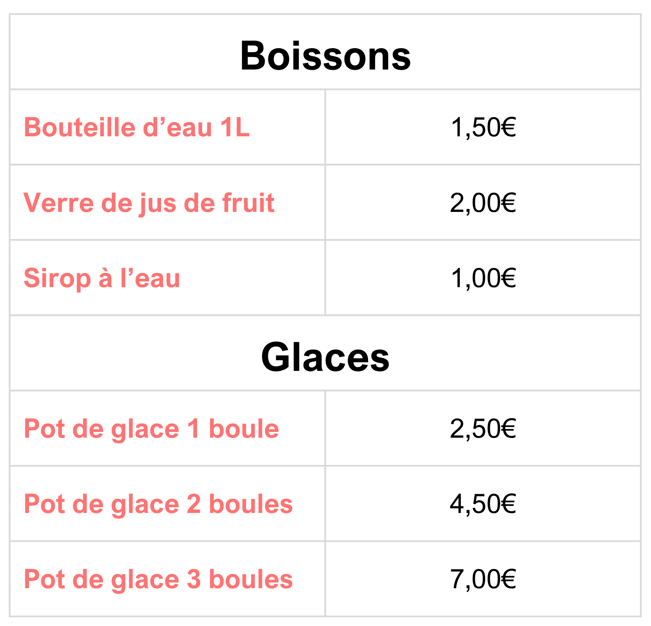 Tarifs buvette saint-sul